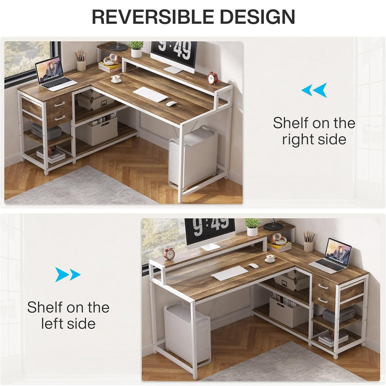 55" x 24" L Shaped Corner Desk With Drawers, Storage Shelves & Monitor Stand, Oak Home Office Gaming Study Computer Table For Small Space