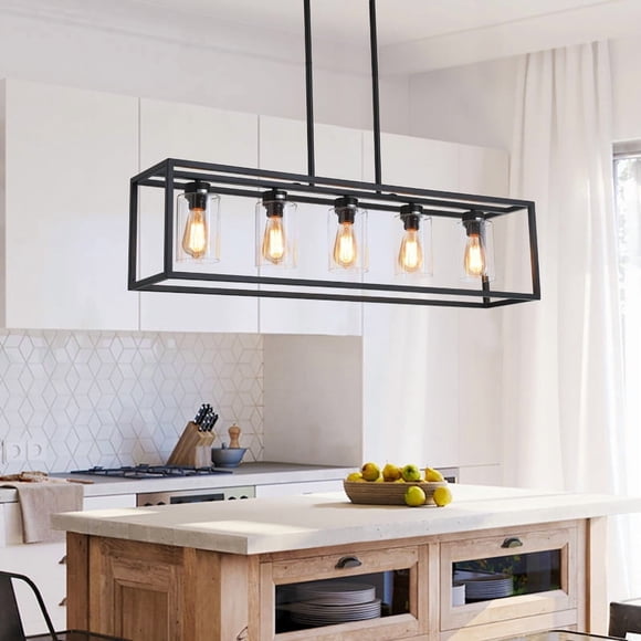 Aiwen 5-Light Kitchen Island Chandelier, Matte Black Pendant Light with Clear Glass Shades, Industrial Dining Room Ceiling Light Fixture (E26 Base)