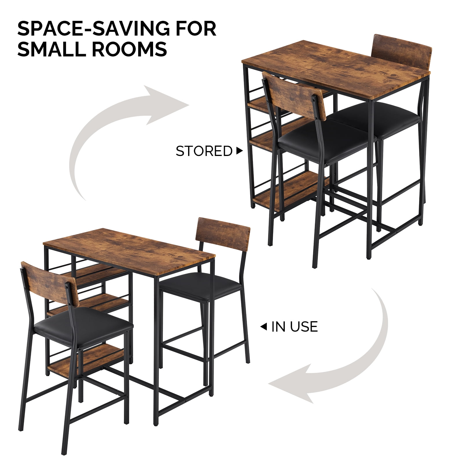 Ktaxon 3 Pieces Dining Table Set for 2, Counter Height Bar Table Set with Storage Shelves and Padded Chairs for Dining Room, Kitchen, Rustic Brown