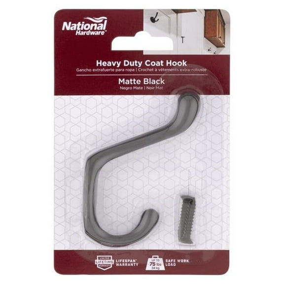 National Hardware 5060149 4.59 in. Medium Matte Black Metal Heavy Duty Coat & Hat Hook - 75 lbs - Pack of 5
