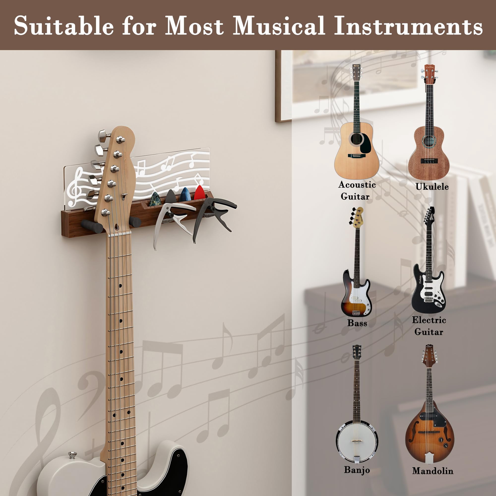 Guitar Accessories  Light Up Wall Mount Musical Notes Design Pick Holder With Capo Storage Usb Powered Premium Wood And Acrylic Gift For Music Lovers Guitarist