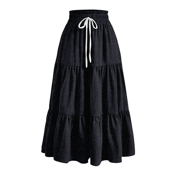 Yucgh Women's Denim Print Pleated Midi Skirt with Bow, Retro Casual Long Skirt, Flowy Bohemian Skirt with Elastic Waist,Black,L