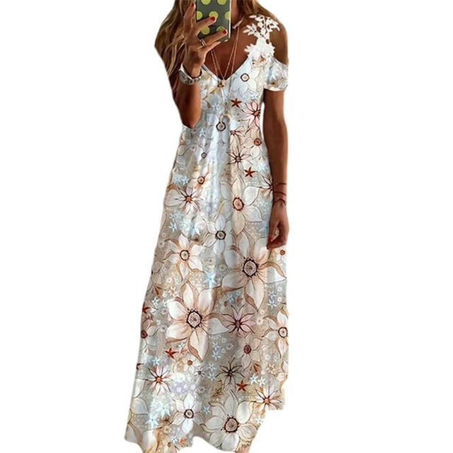 LUXUR Robe Longue pour Femmes à Manches Courtes, Robes Maxi à Épaules Dénudées, Robe d'Été de Plage Décontractée, Corchet, Fleur de Soleil L