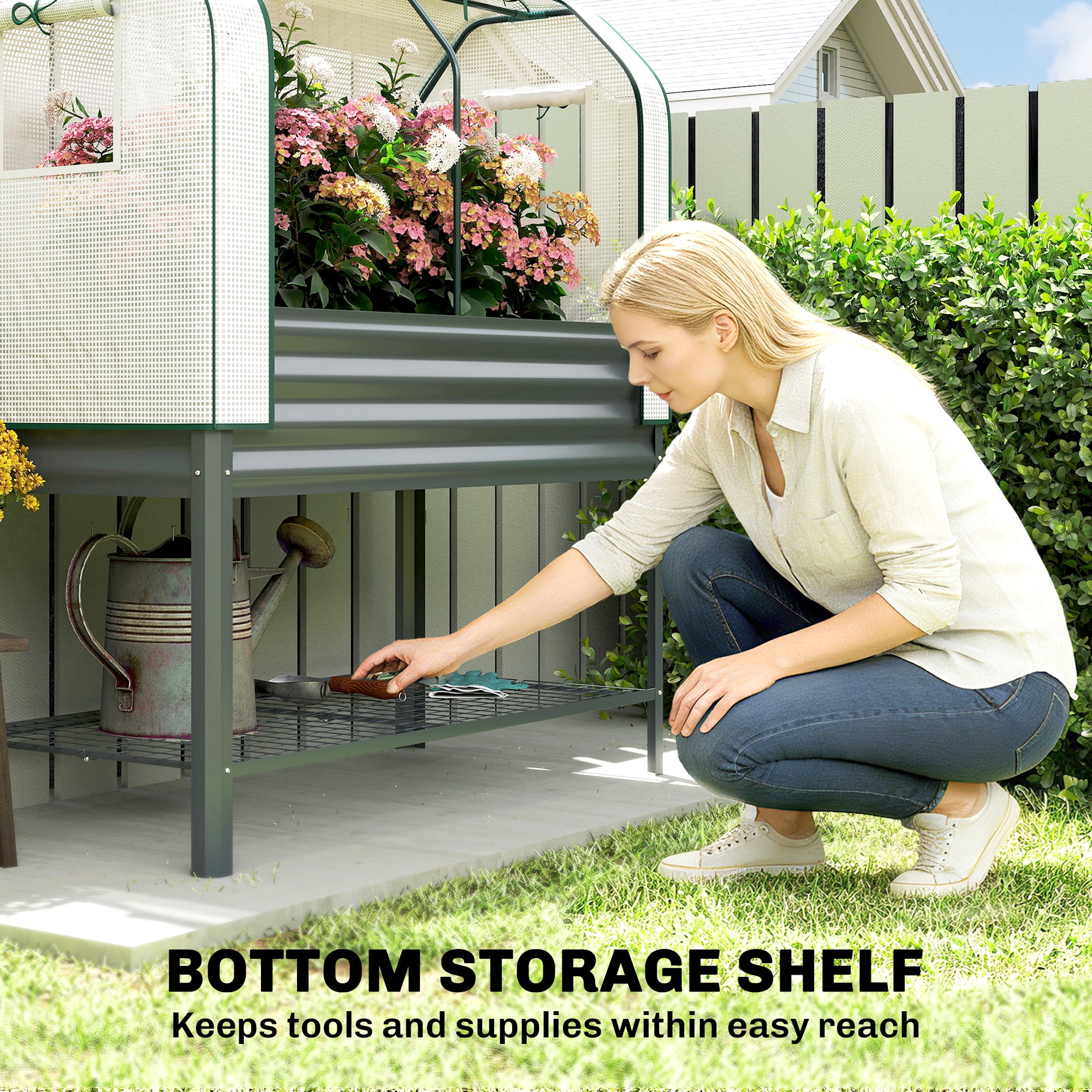 Outsunny Galvanised Raised Garden Bed with Greenhouse Cover, Metal Elevated Garden Bed with Bed Liner and Bottom Shelf, Dark Gray