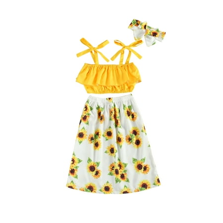 

EYIIYE Toddler Kid Girl Summer Solid Color Sling Tops Flower Printing Skirt Hair Band Suit 6 Months-5 Years