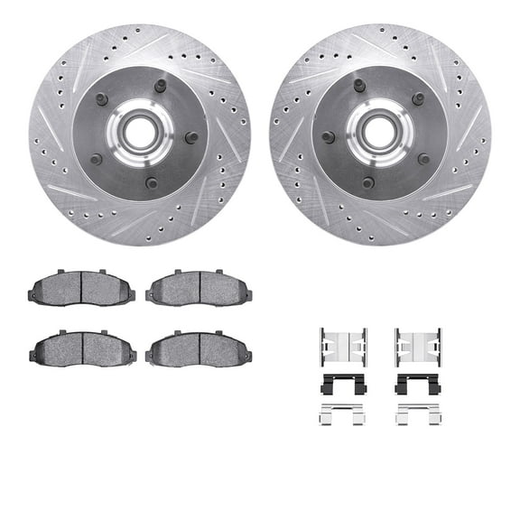 Dynamic Friction Company Front Brake Rotors-Drilled and Slotted-Silver with Heavy Duty Brake Pads includes Hardware 7212-99158