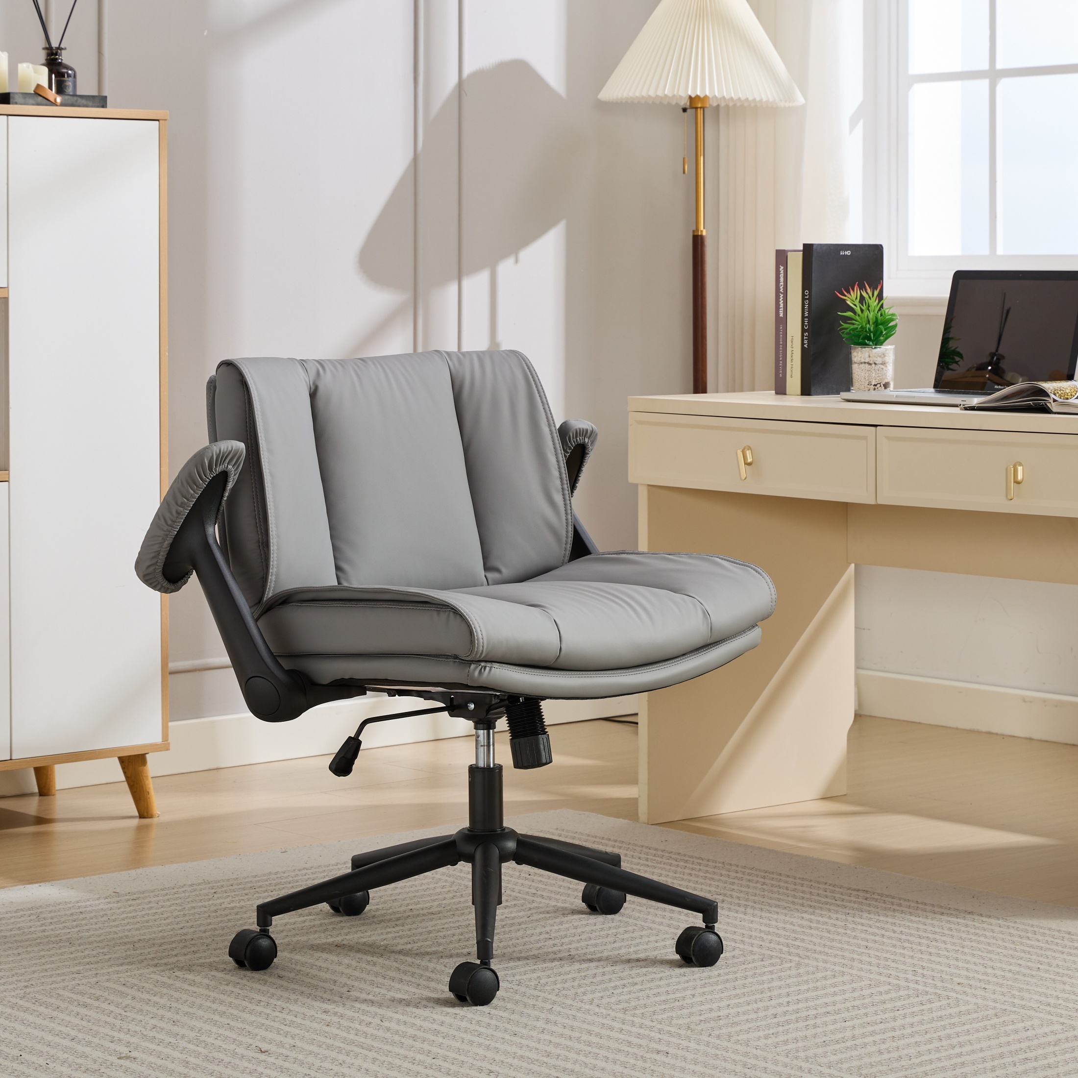 Cross Legged Chair with Flip-Up Armrests Leather, Cross Legged Office Chair on Wheels, Comfy Swivel Chair with Wide Seat for Home Office, Vanity,  Ergonomic Desk Chair Adjustable, Grey