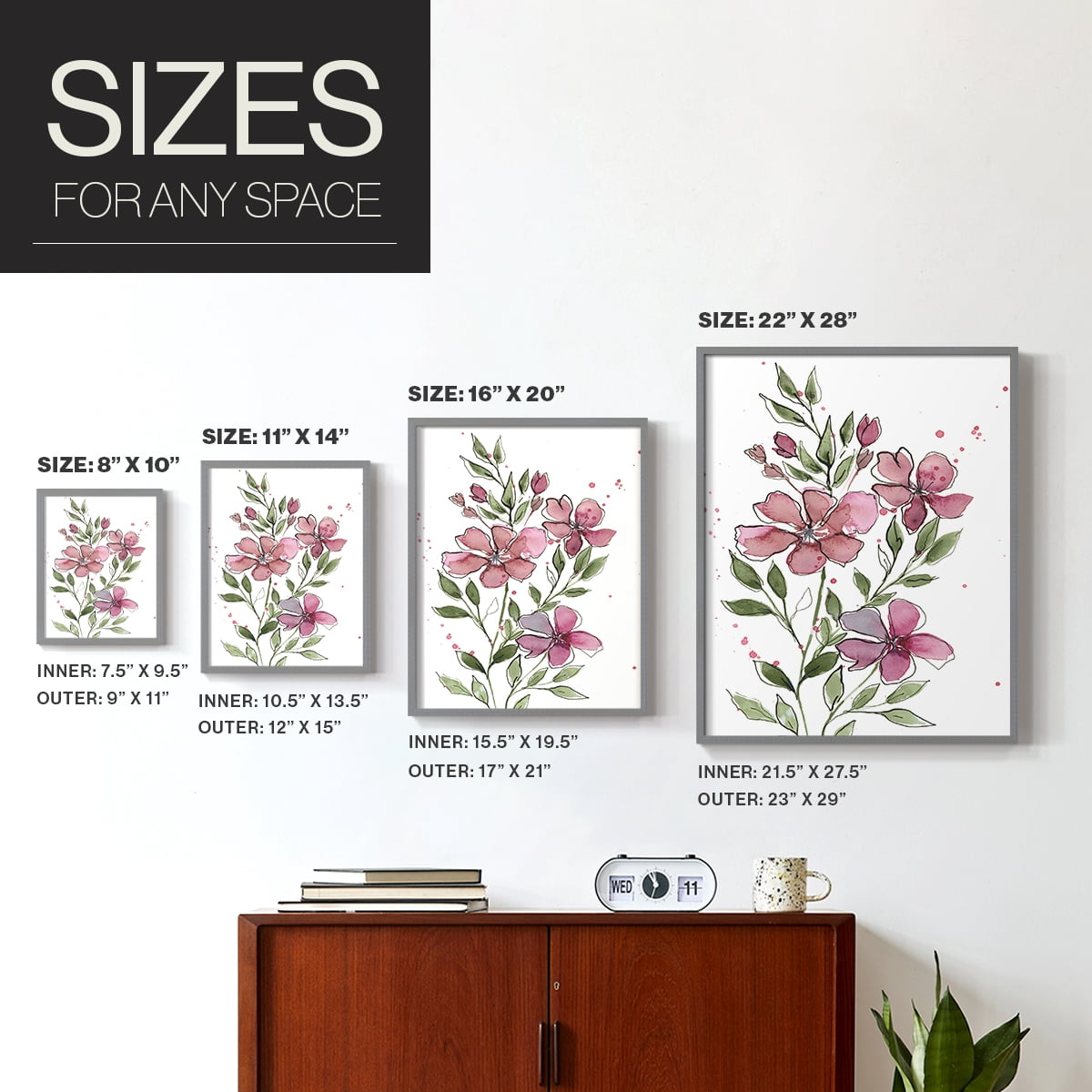 Watercolor Floral Stems I Framed Print in Gray Solid Wood 8 x 10 Framed Print