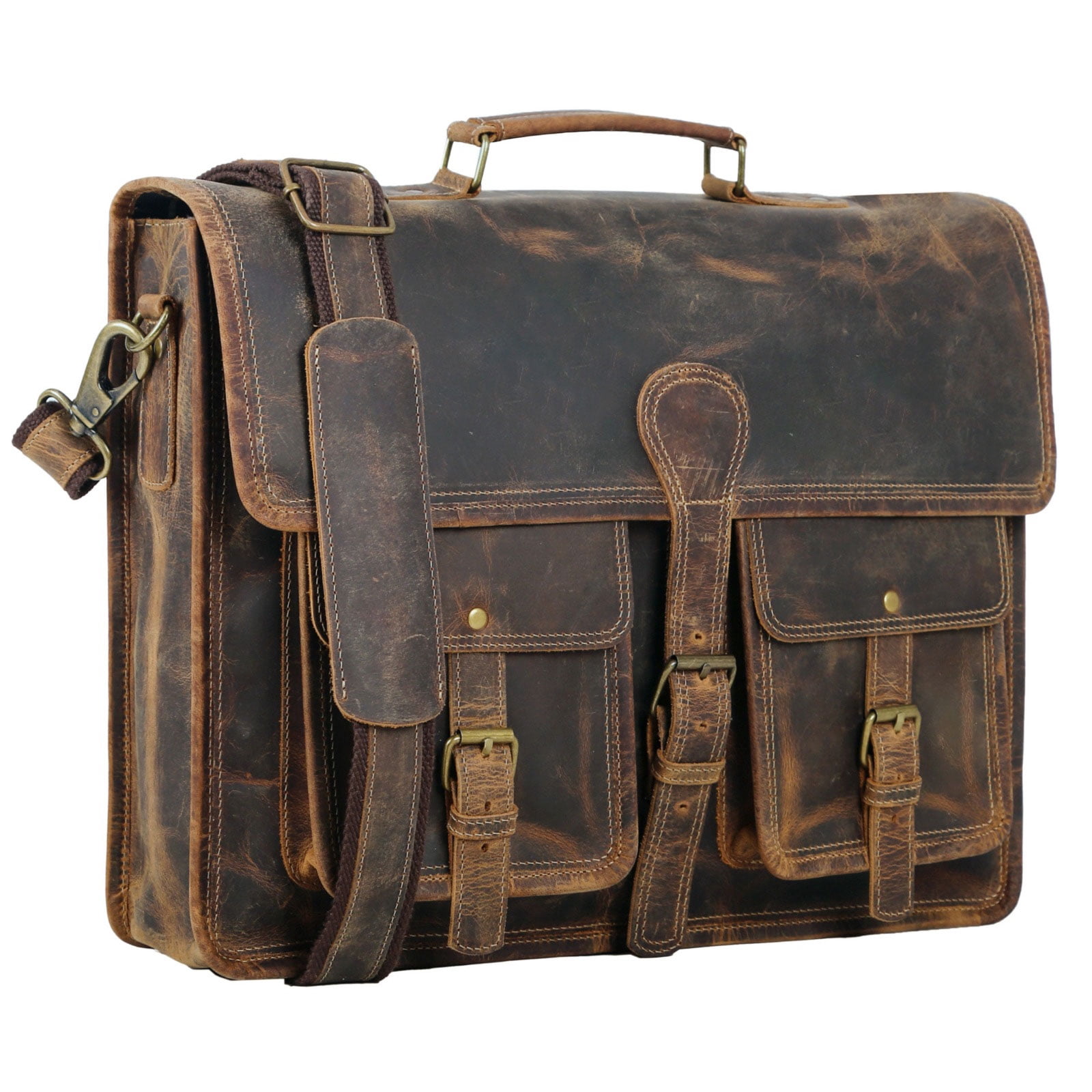 18-Inch Leather Laptop Messenger Bag for Men & Women – Vintage Office Briefcase Satchel with Shoulder Strap for Work & Travel