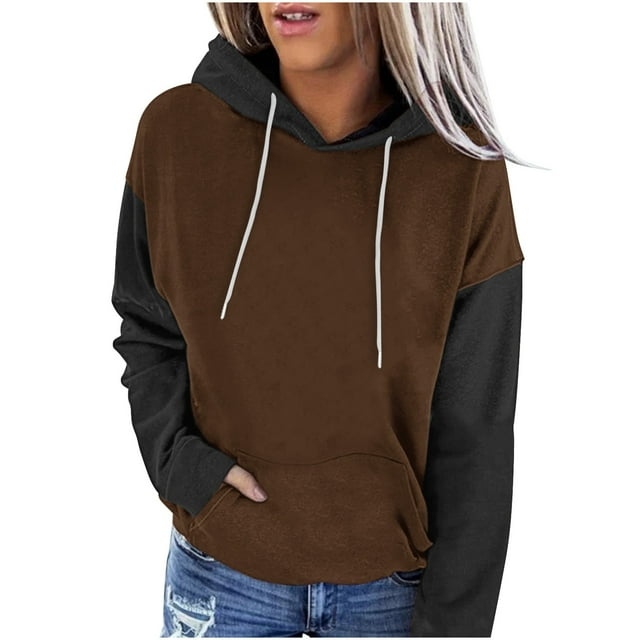 MeetoTime Hoodie à Blocs de Couleur pour Femmes Automne Polaire Manches Longues Col Rond Sweat à Capuche Surdimensionné Pull