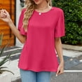 thumbnail image 2 of Ruffle Sleeve Tops for Women Short Sleeve Round Neck Casual Shirts Solid Pullovers Elegant Summer Comfy Tops Hot Pink,S, 2 of 7