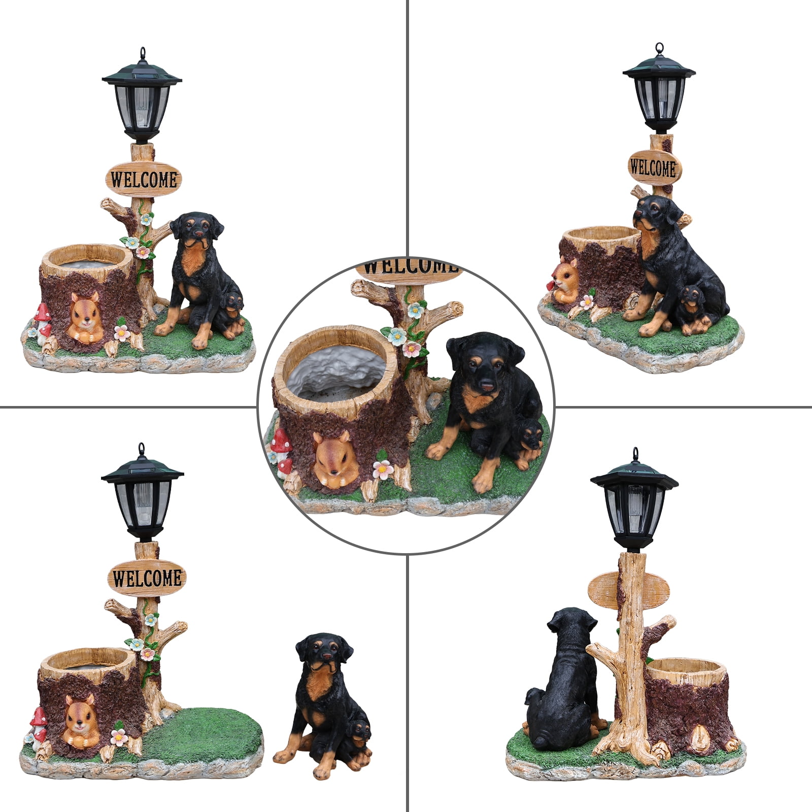 Aukfa Rottweiler Dog Planter Statue with WELCOME Sign & Solar LED Light, Outdoor Garden Balcony Lawn Decor