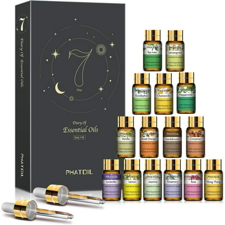 PHATOIL 15pcs x 5ml Essential Oils Gift Set Perfect for Skin & Hair Care, Bath, Relaxation, Ideal for Aromatherapy Diffuser, Soap Candle Making