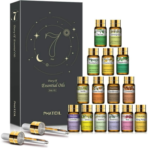 PHATOIL 15pcs x 5ml Essential Oils Gift Set Perfect for Skin & Hair Care, Bath, Relaxation, Ideal for Aromatherapy Diffuser, Soap Candle Making
