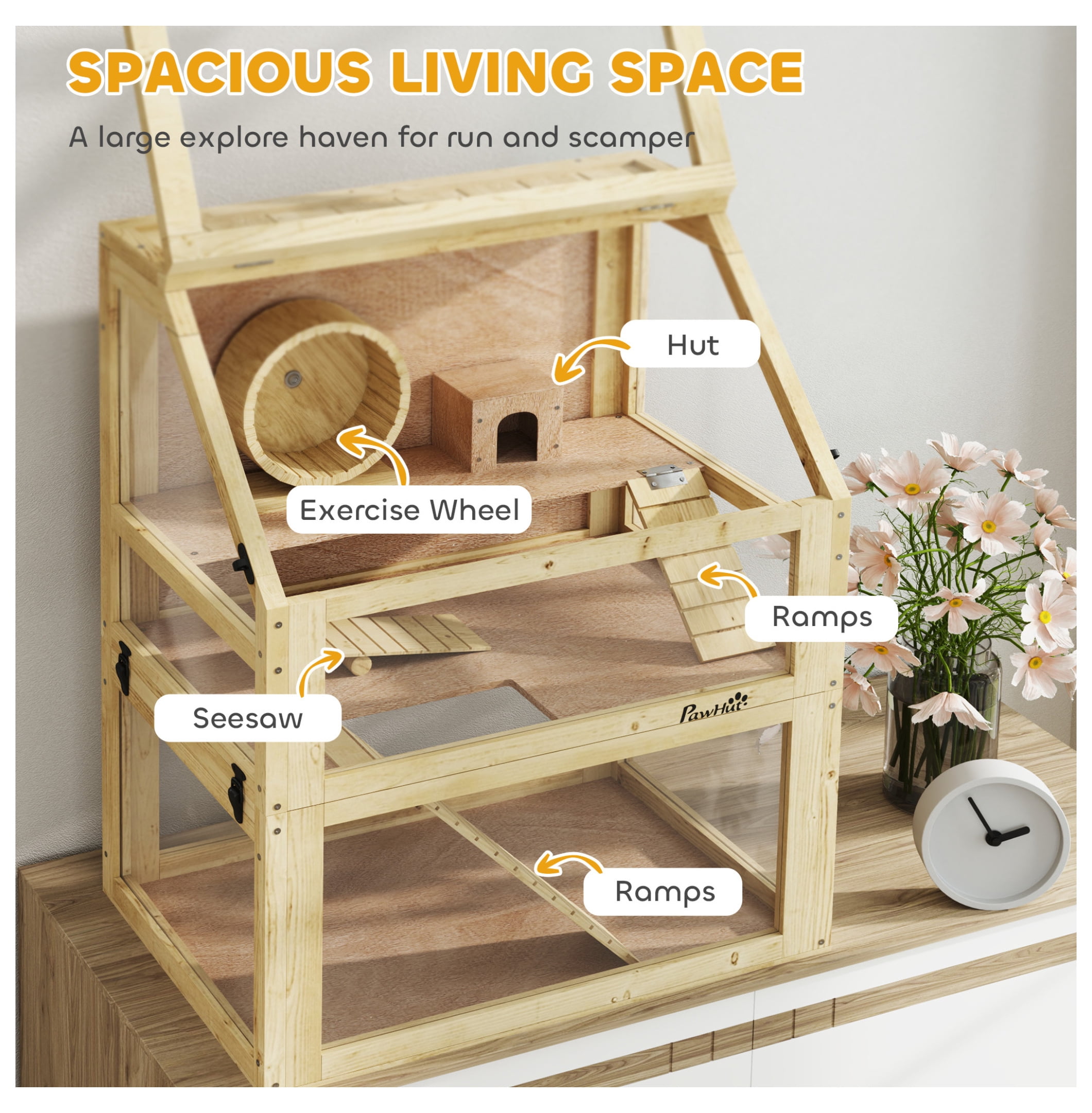 Hamster Cage 3 Tier Wooden w/Wheel, Hut & Seesaw - 24x16x29.5in - Small Animal Habitat for Hamsters, Gerbils & Mice