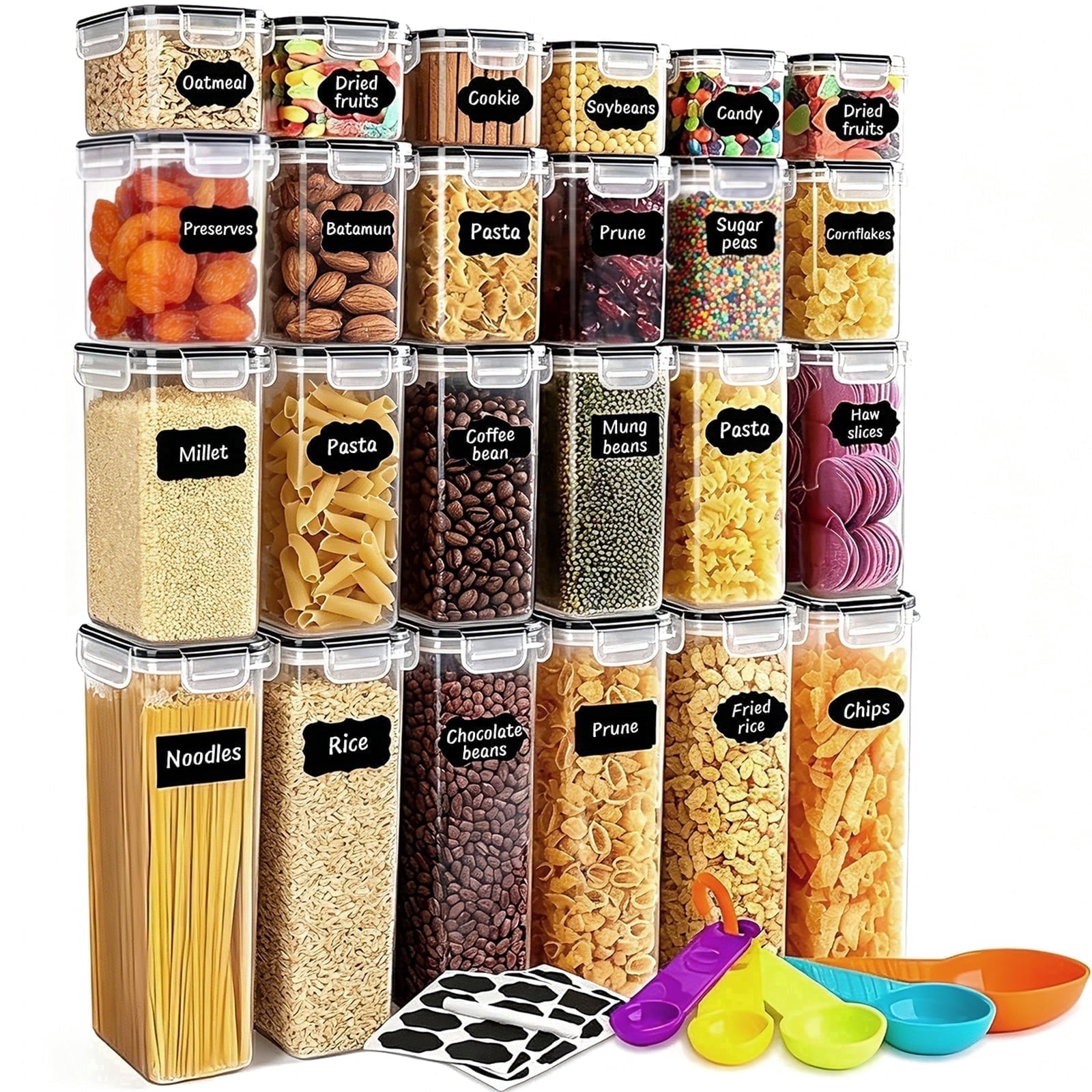 stusgo 24 Pack Airtight Food Storage Containers with Lids, Plastic Kitchen and Organization Canisters for Cereal, Flour and Sugar, BPA Free, Includes Spoons, Labels and a Pen