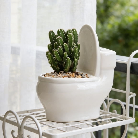 EGYMEN Personalized Toilet-Style Succulent Pots, Unique Ceramic Planters for Desktop Plants, Whimsical Flower Holders for Balconies, Decorative Small Plant Containers in White