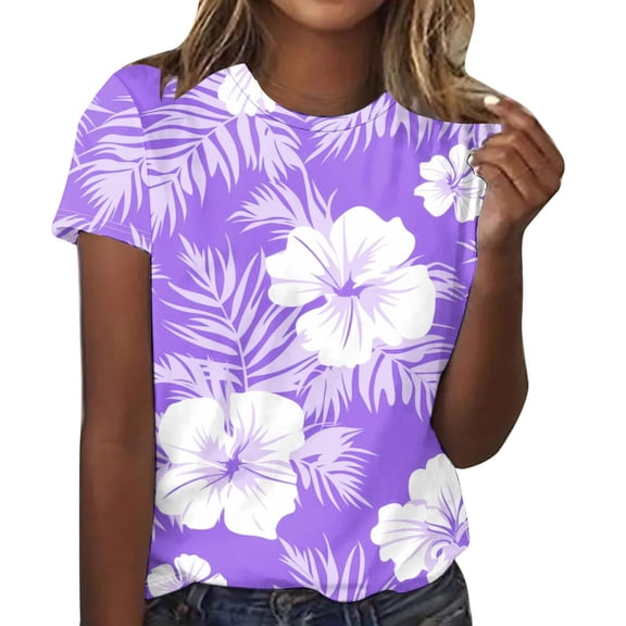 Sexlip Womens Fashion Casual Floral Tropical Plants Full Printed T Shirts Short Sleeve Tees Casual Blouse Tops Purple L