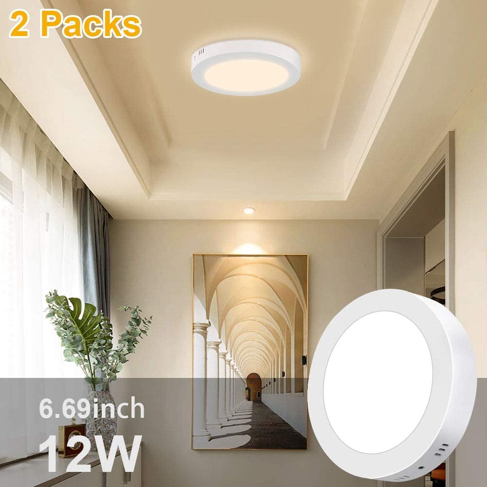 2 Packs DingLiLighting 12W LED Flush Mount Ceiling Light Fixture Indoor,Soft Warm Flat Surface Mounted Panel Downlight Lamp for Closet/Hallway/Stairs/Bathroom/Basement Lighting