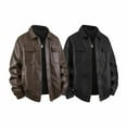 thumbnail image 4 of YueHuiYing Men's Lapel Leather Jacket Solid Color With Zipper Pockets Stylish Long Sleeve Biker Coat Casual Outwear Jackets, 4 of 7