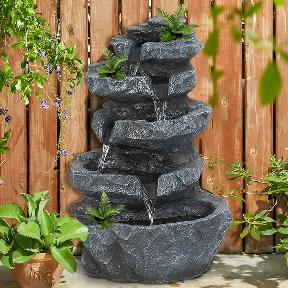 5-Tier Outdoor Rock Waterfall Fountain with LED Lights, Large Cascading Garden Water Feature for Patio, Porch, Yard