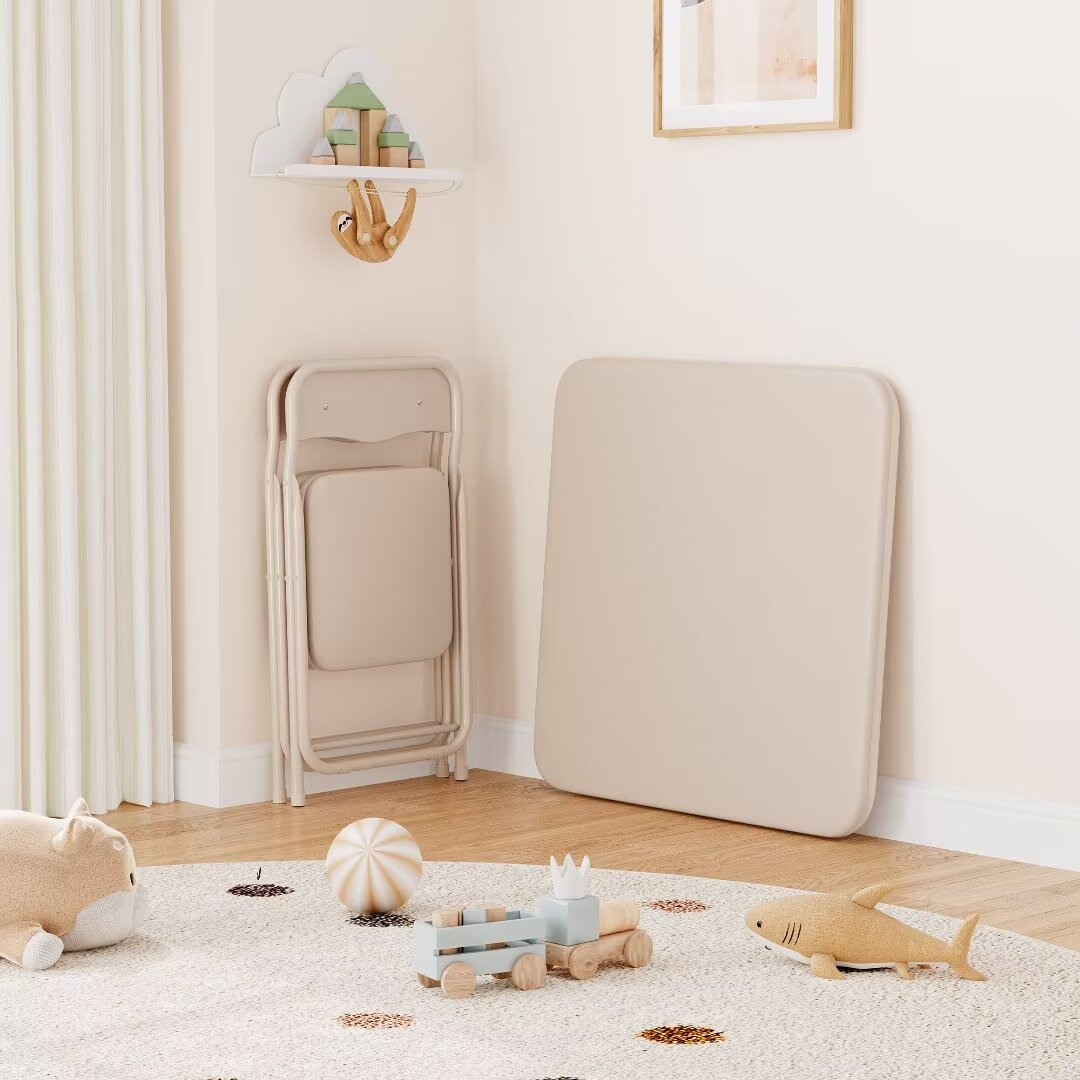 Kids Folding Table and Chairs Set of 3, Portable Table and Chair with PU Cushion, Suitable for Reading Playing Eating, Beige