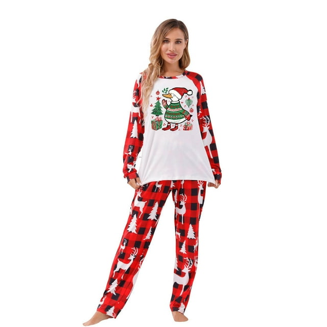 HAiming Ensembles de Pyjamas de Noël pour la Famille Arbre à Carreaux Confortables Manches Longues Col Rond Tenues de Festival Imprimées pour Fête