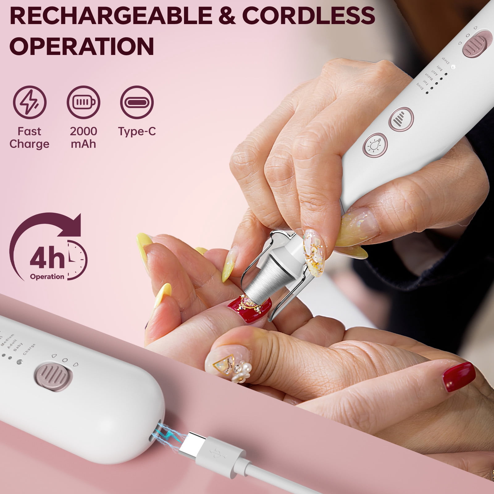CshidWorld Cordless Electric Nail Drill Kit, Professional Manicure Pedicure Tool with LED Light, 9 Drill Bits, 5 Speeds Portable Nail File for Hand Foot Care, Thick Nails Cuticles（White）