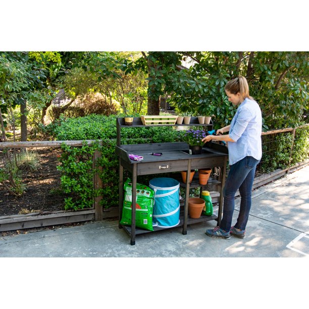 Bloom Fir Wood Potting Bench with Hooks Brown