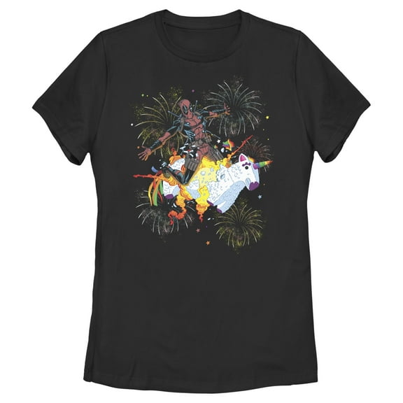 Women's Marvel Fourth of July Deadpool Unicorn Fireworks  Graphic Tee Black Small