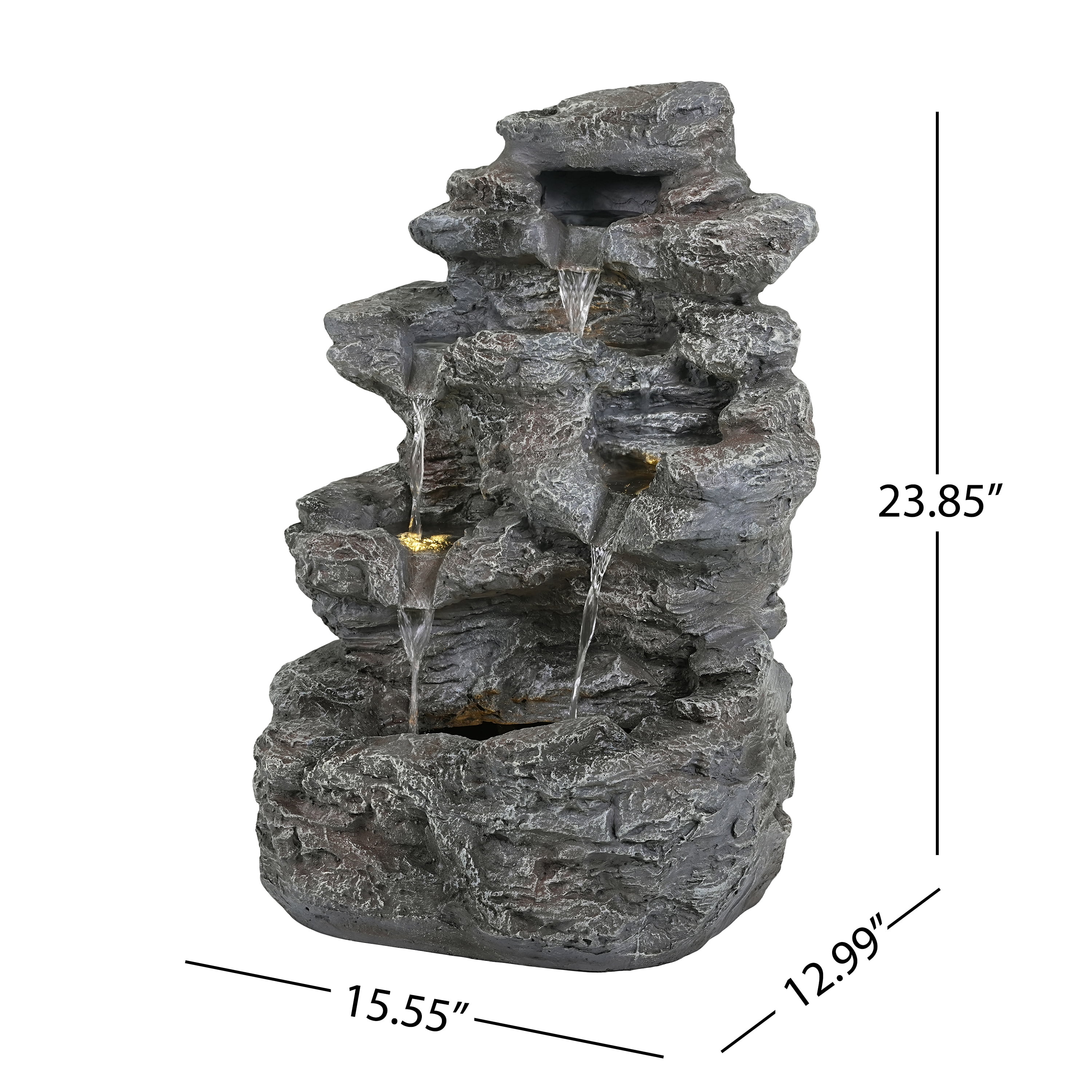 Mintazer 5-Tier Natural Rock Cascading Outdoor Fountain, Weatherproof Faux Rock Concrete Water Feature with Warm LED Lights & Silent Recirculating Pump for Patio Garden Backyard Decor, Gray