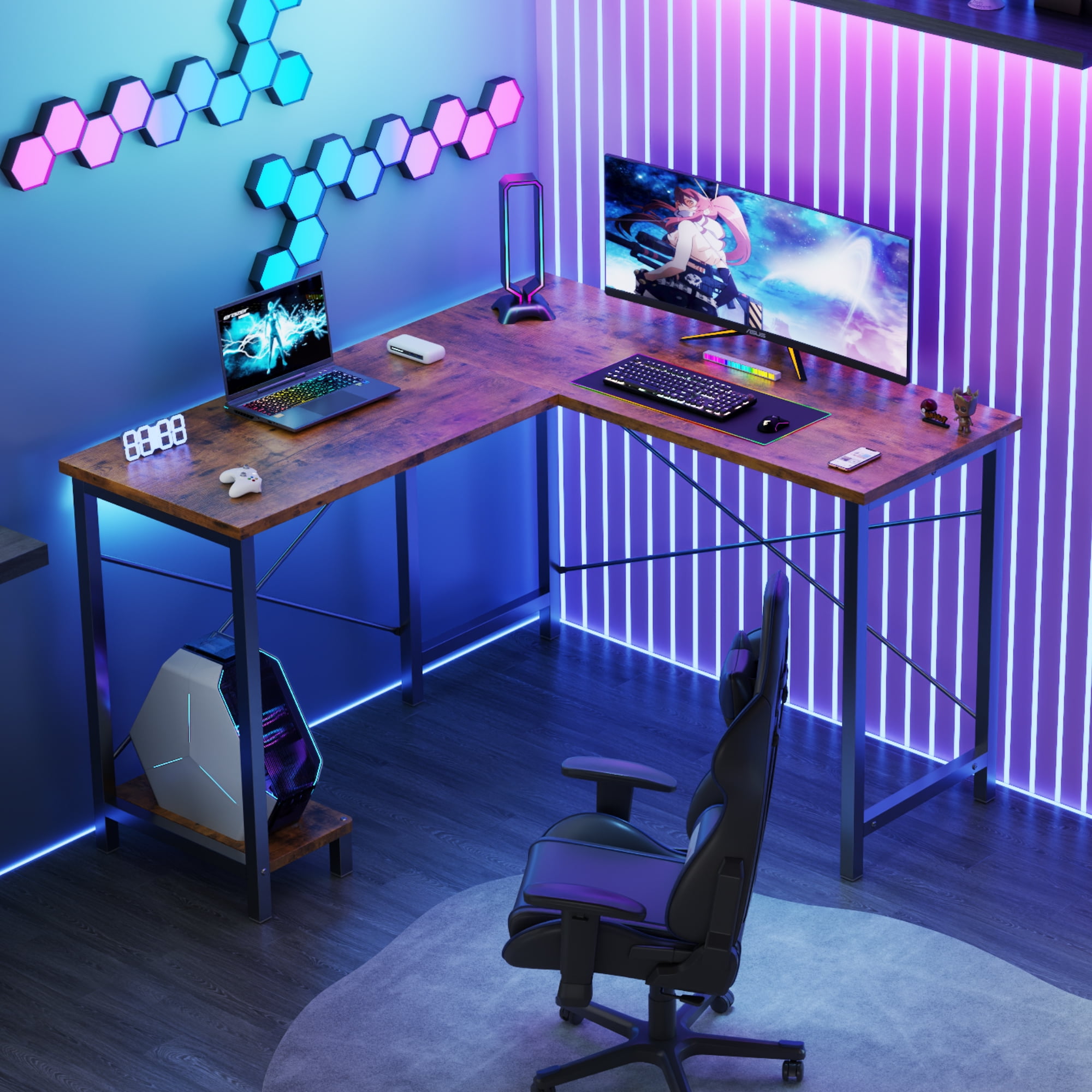 JIOABL 50" L-Shaped Corner Gaming Desk with Reversible CPU Stand, Waterproof Desktop & Metal Frame, Rustic Brown