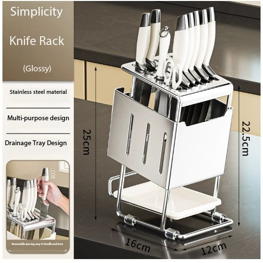 1 kitchen stainless steel knife holder with oblique insertion, scissors and kitchen knives with drain pan, multi-slot countertop storage rack