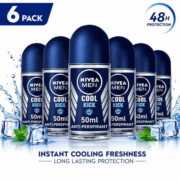 NIVEA MEN Cool Kick Anti-Perspirant Deodorant Roll-On, 50 mL Each, 6 Pack – 48 Hour Sweat & Odor Protection, Instant Cooling Freshness