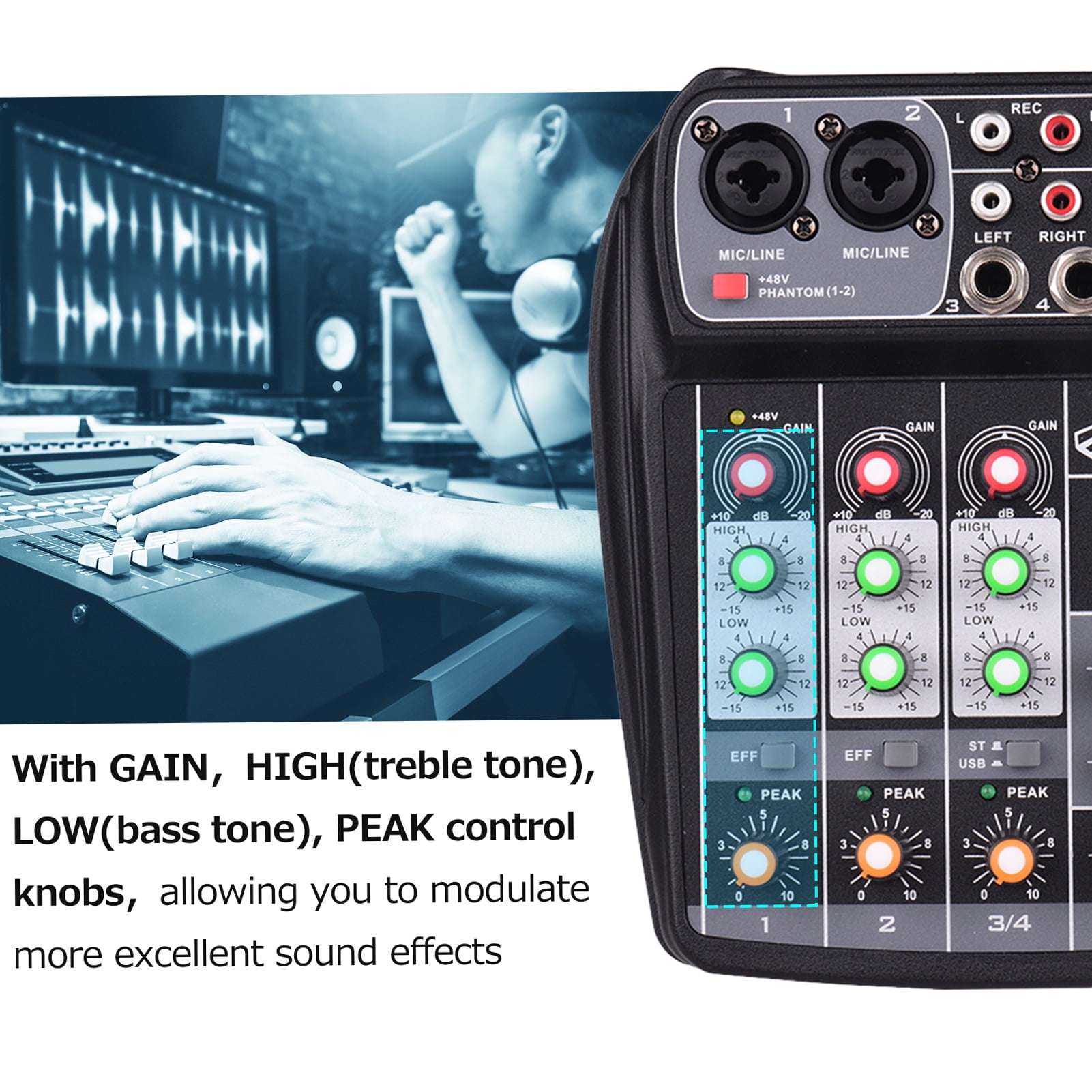 Muslady AI-4 Compact Mixing Console Digital Audio Mixer 4-Channel BT MP3 USB Input +48V Phantom for Recording DJ Network Live Broadcast Karaoke