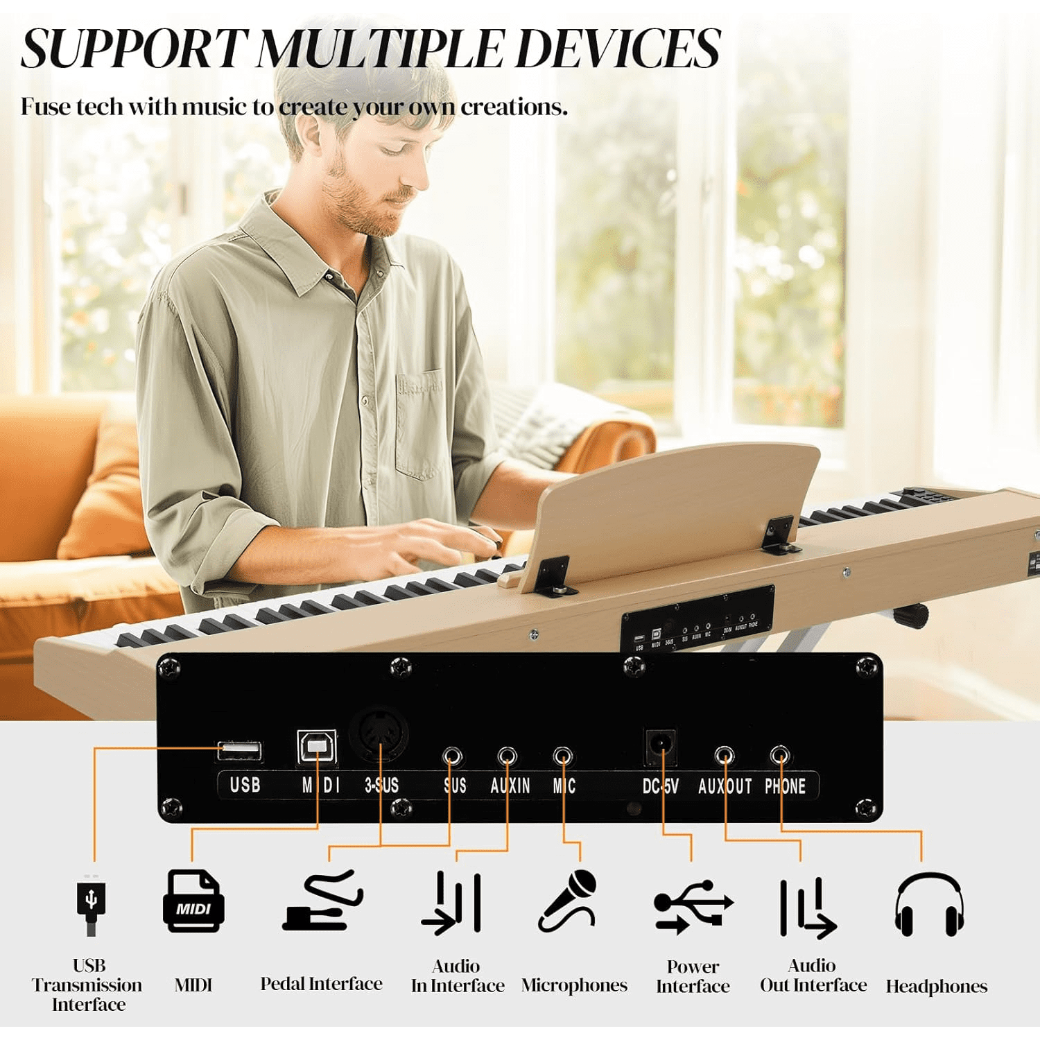 Hassch 8 Key Digital Piano with Stand, Full Size Semi-Weighted Keyboard with MIDI Bluetooth, Triple Pedals, Headphone and Other Accessories, Teak Color