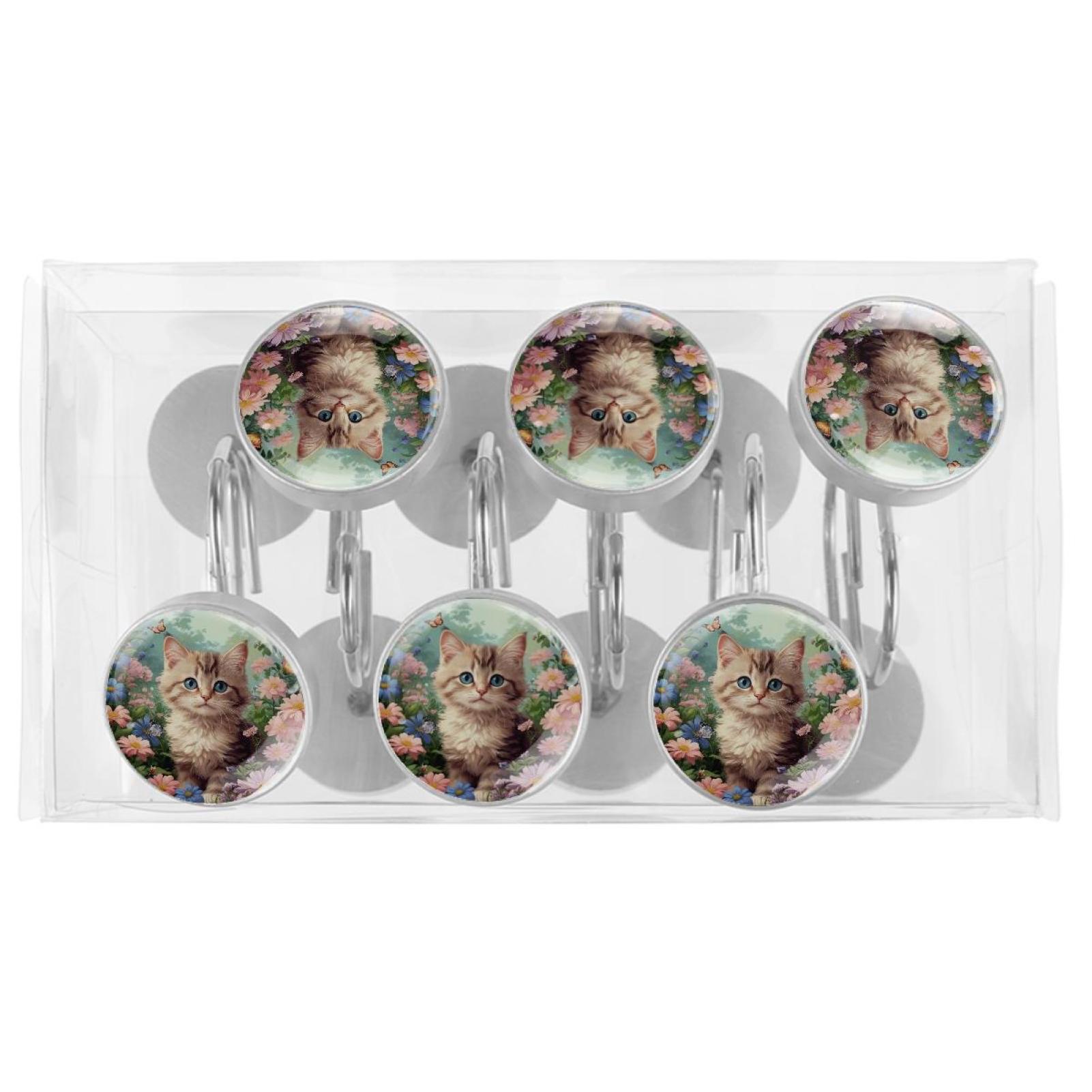HemaKayy 12 Pcs Shower Curtain Hooks Bathroom Decorative Accessories Flower Curly Haired Cat