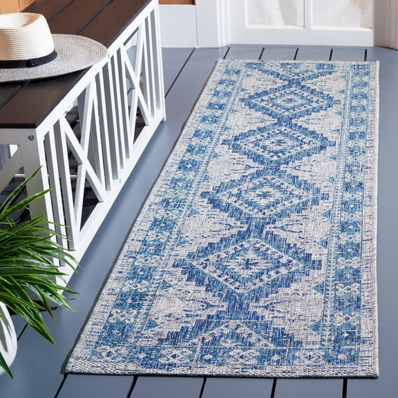 SAFAVIEH Courtyard Davin Geometric Indoor/Outdoor Runner Rug, Light Grey/Blue, 2'3" x 6'7"