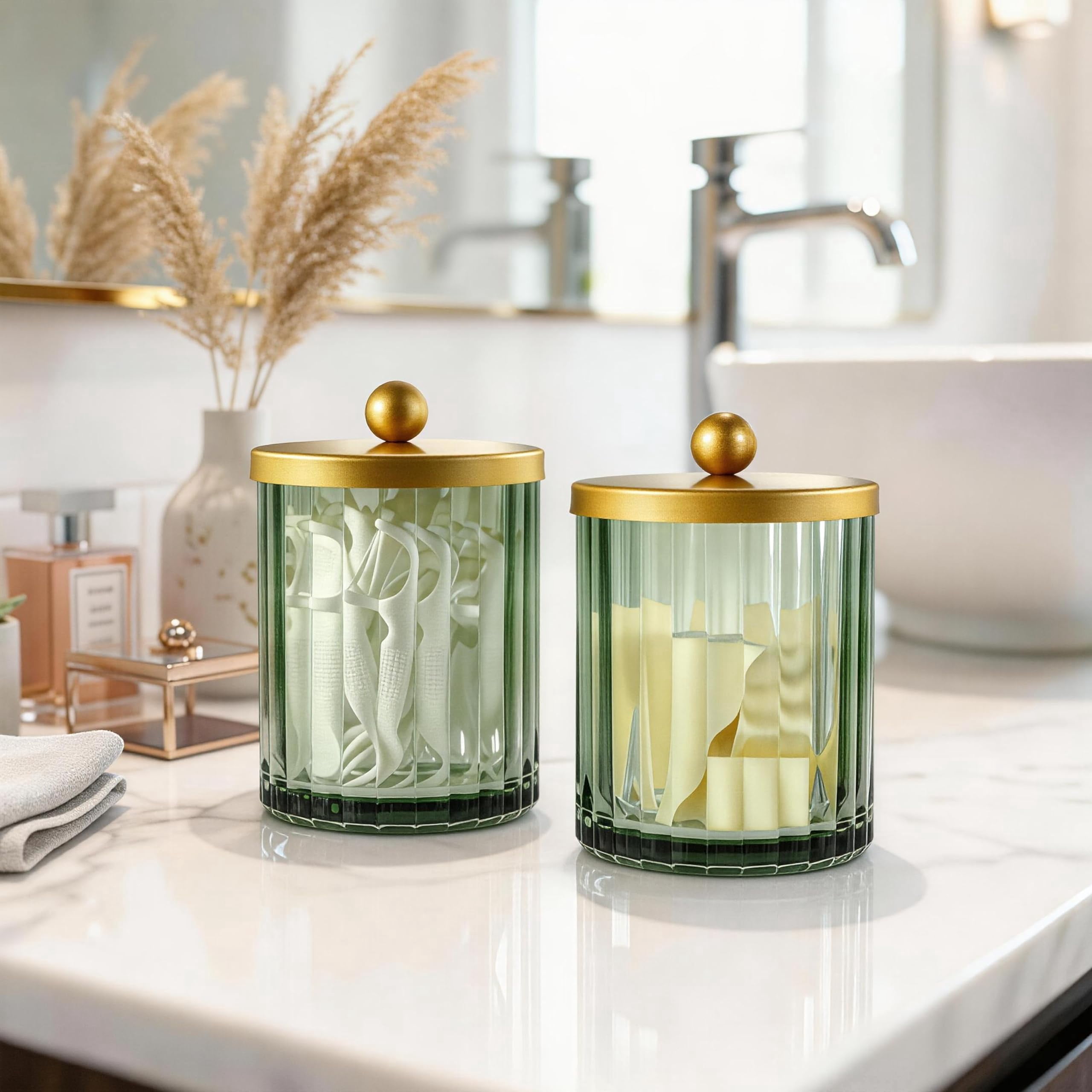 Sage Green Glass Apothecary Jar, Qtip Holder Dispenser for Cotton Swabs, Balls, Makeup Pads, Floss Picks, Bathroom Essential Accessories, Countertop Canister Storage Organizer (Black, 2 Pack)