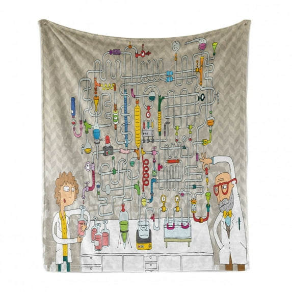 Lab Soft Flannel Fleece Blanket, Professor and His Assistant Doing an Experiment in the Science Lab with a Maze of Tubes, Cozy Plush for Indoor and Outdoor Use, 70" x 90", Multicolor, by Ambesonne