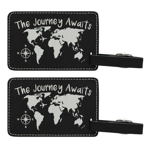 ThisWear The Journey Awaits Globe Luggage Tag Travel Gifts for Women Travelers Gift World Traveler 2-pack Laser Engraved Leatherette Luggage Tags Black