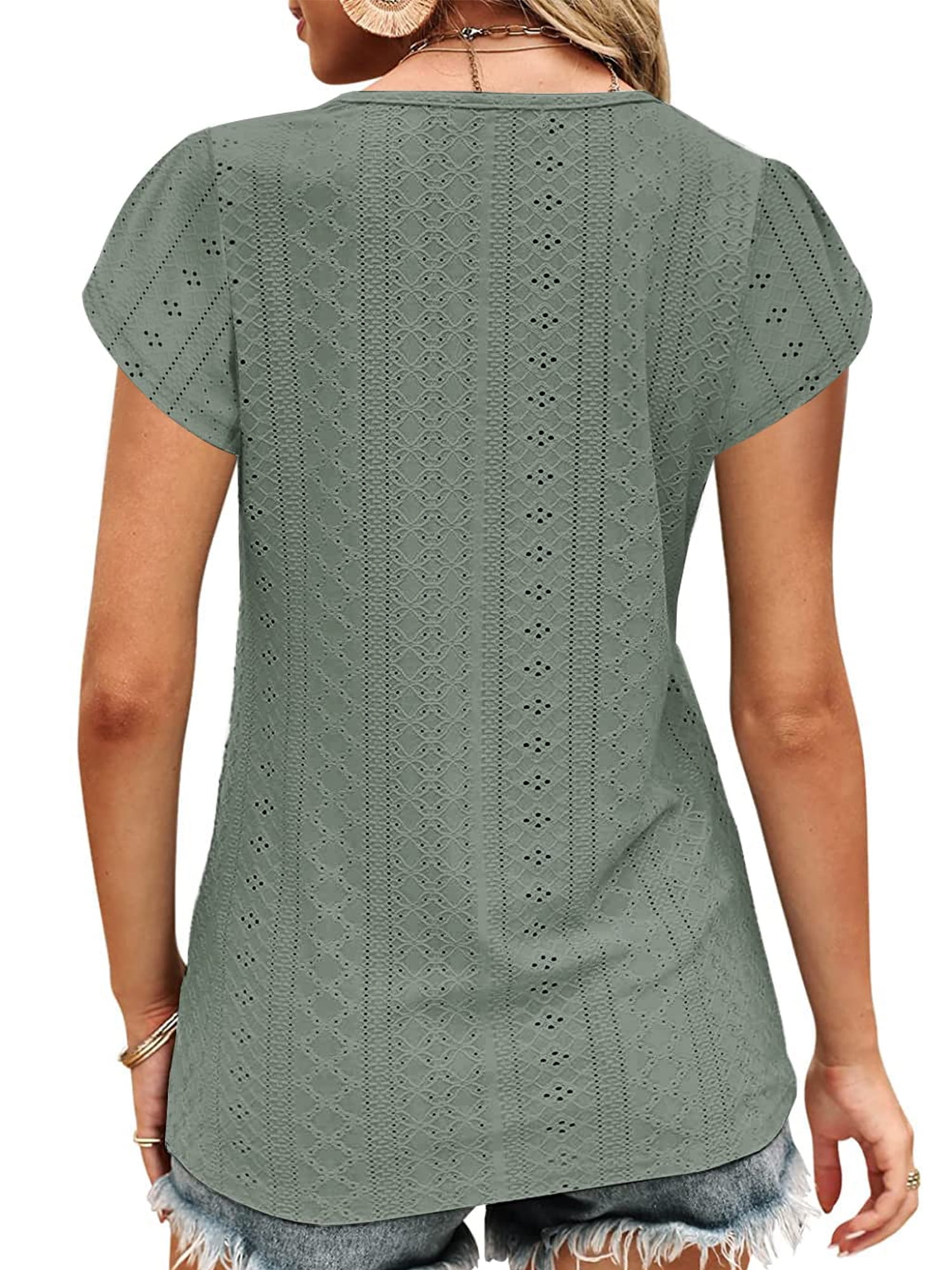 TEMOFON Women Tops Summer T-Shirts Short Sleeve Casual V Neck Tops Dressy Ruffle Sleeve Tunic Tops Cute Loose Ladies Tops Women Blouses Green XL