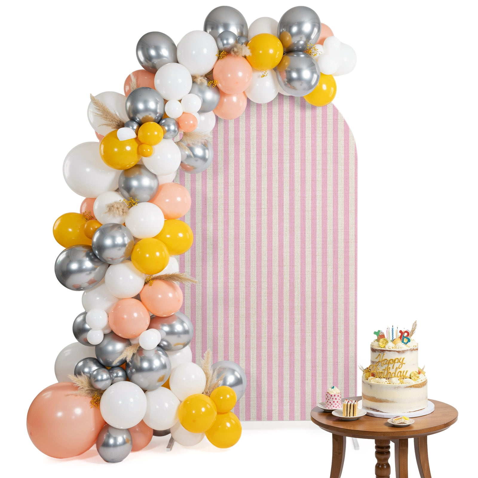 Simple White Striped Arch Backdrop Cover 6 Ft Pink Stripe Vintage Linen Spandex Fitted Stretchy Arch Cover, Round Top Chiara Backdrop Cover for Wedding Birthday Baby Shower