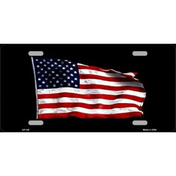 WAVING AMERICAN FLAG BLACK BACKGROUND METAL NOVELTY LICENSE PLATE TAG - Aluminum ( 12 inch x 6 inch )