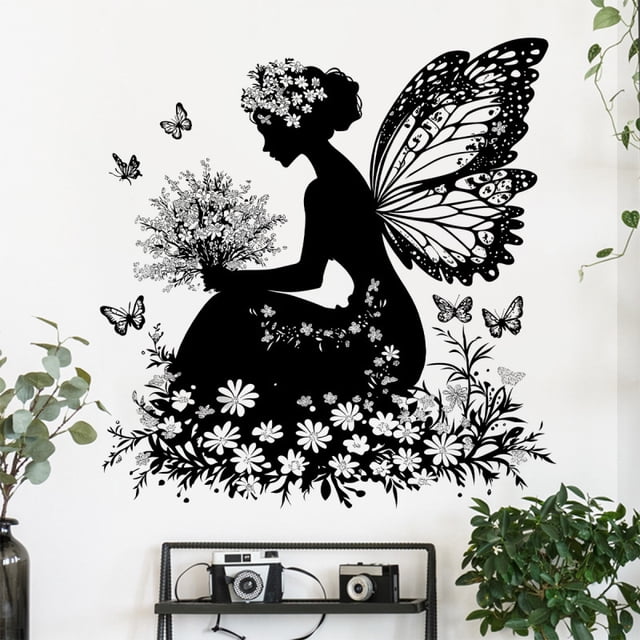 Adhesivo de pared de PVC con forma de hada con mariposas negras, 30 x 60 cm, 2 hojas