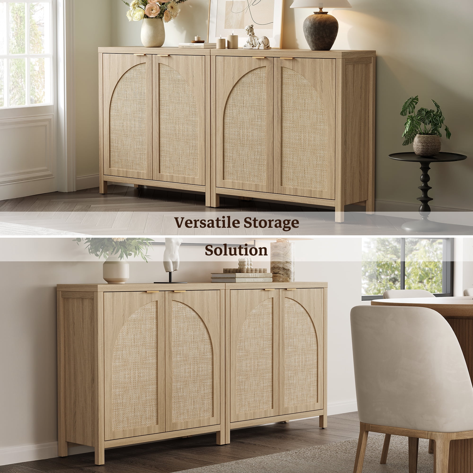 SICOTAS 34.2 Inch Wide Kitchen Pantry Cabinet with 2 Arch Rattan Doors, Rattan Buffet Cabinet with Adjustable Shelves for Kitchen Storage, Freestanding Organizer Sideboard Light Oak