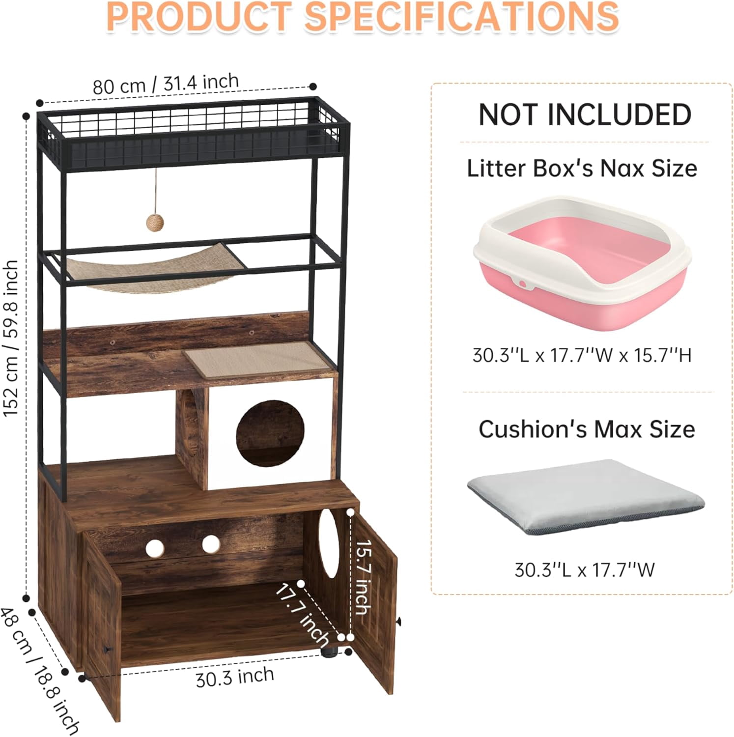Acekid 60 Inch 2-in-1 Cat Tower Cabinet&nbsp;- Hidden Litter Box Enclosure with Metal Frame & Wood Condo, Includes Hammock & Scratching Mat, Dog-Proof Design (Retro)