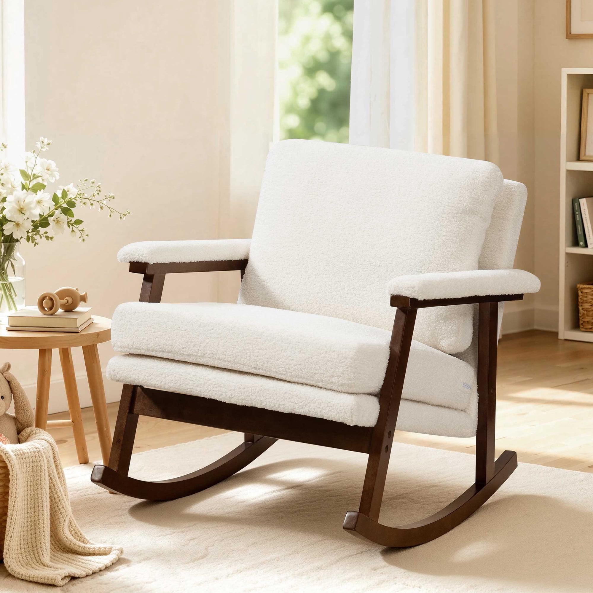 Rocking Chair, PAPROOS Teddy Upholstered Rocker Chair, Glider Rocker Accent Chair with Cushion, Rocking Chair for Nursery, Armchair Reading Chair for Living Room Bedroom, White