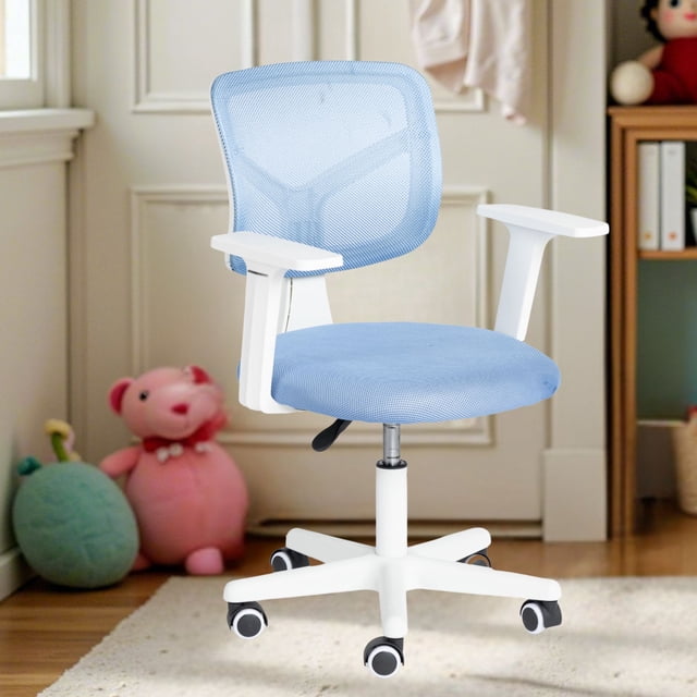 Silla de Oficina Juvenil Ergonómica, Giratoria con Ajuste de Altura y Ruedas, Respaldo de Malla Transpirable, Azul