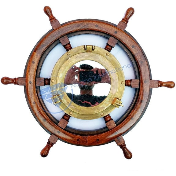 Nagina International Natural Wood Ship Wheel with Premium Brass Porthole Mirror | Maritime Home Decor Gift (12 Inches)